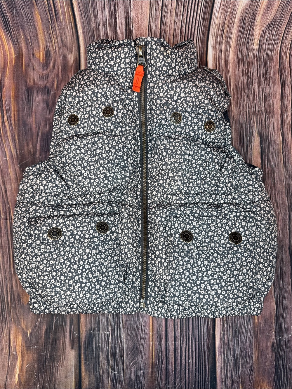 GAP Gray & White Floral Quilted Puffer Vest with Orange Zip Pull